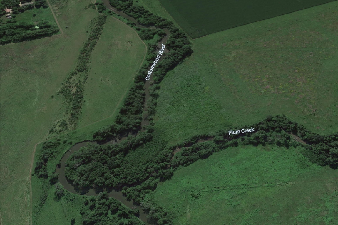 Aerial image of where Plum Creek meets the Cottonwood River, just southwest of the Larry & Patty Wahl homestead.